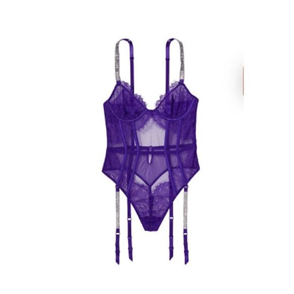 VICTORIA'S SECRET VERY SEXY SHINE STRAP LACE DEMI TEDDY W/ GARTERS SMALL purple - Picture 1 of 6